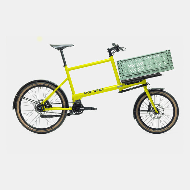 No O1 bio – Pinion gearing – RAL 1026 Luminous Yellow – Platform rack with crate, almond green